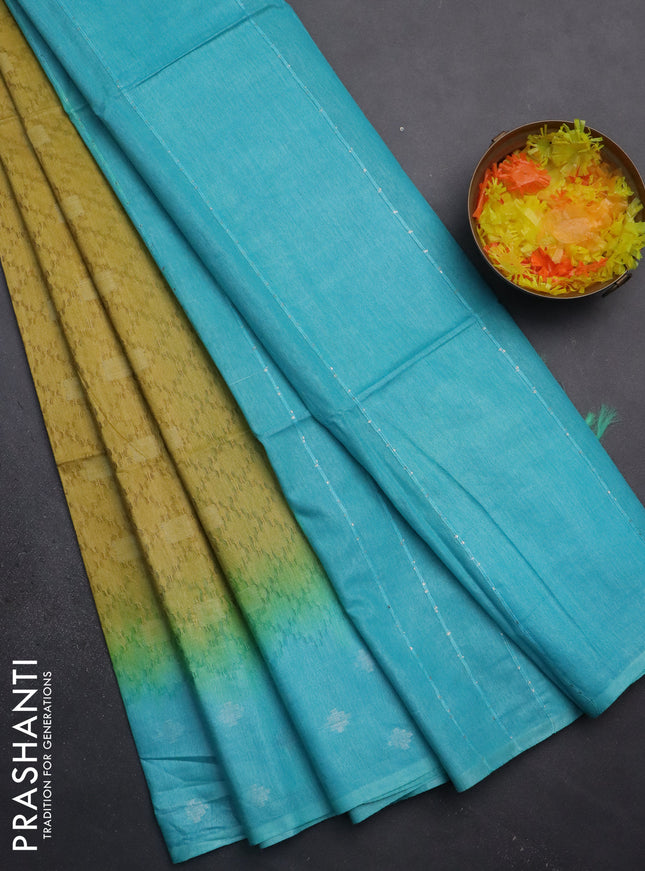 Semi bamboo saree yellow and teal blue with allover thread weaves and sequin work pallu