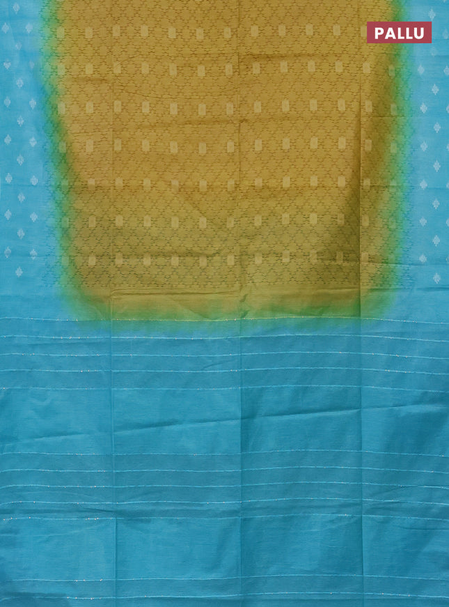 Semi bamboo saree yellow and teal blue with allover thread weaves and sequin work pallu