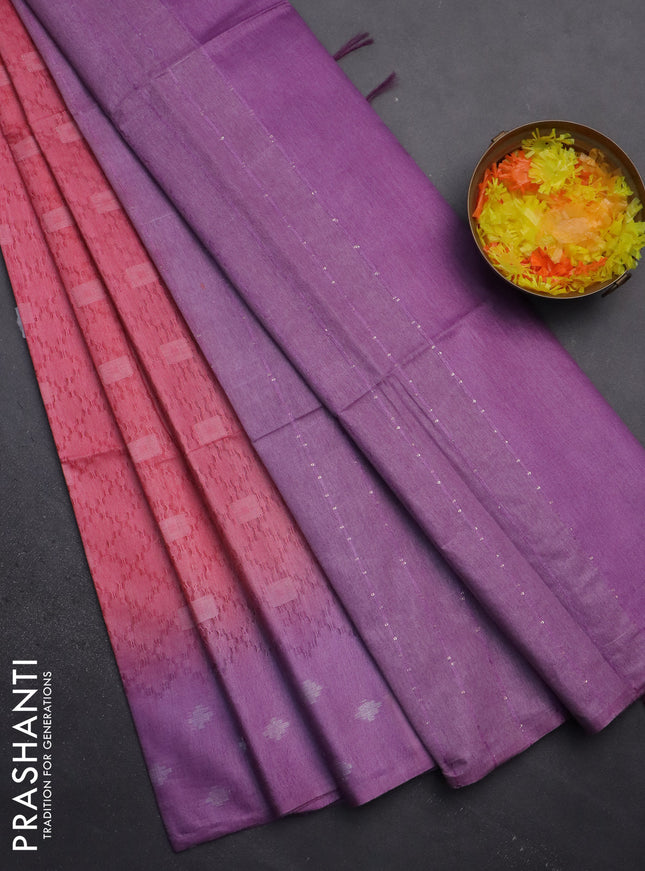 Semi bamboo saree peach pink and lavender with allover thread weaves and sequin work pallu