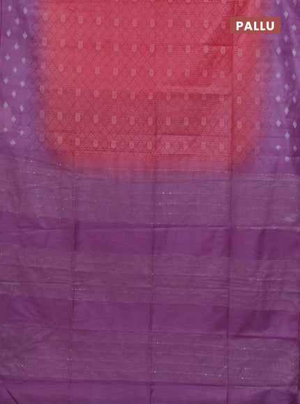 Semi bamboo saree peach pink and lavender with allover thread weaves and sequin work pallu