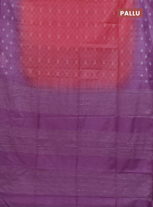 Semi bamboo saree peach pink and lavender with allover thread weaves and sequin work pallu