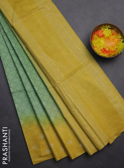 Semi bamboo saree pastel green and yellow with allover thread weaves and sequin work pallu