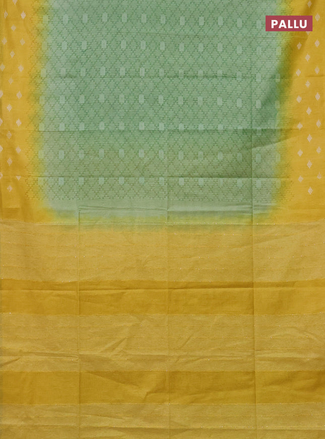 Semi bamboo saree pastel green and yellow with allover thread weaves and sequin work pallu