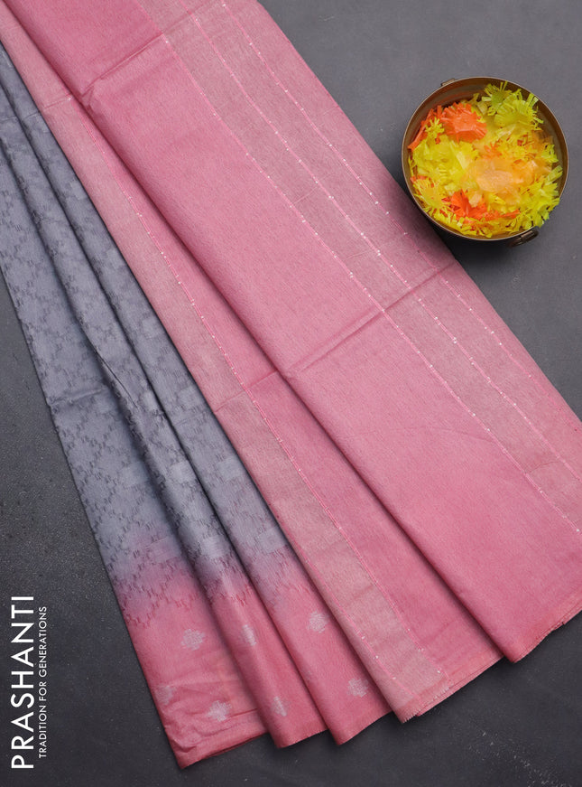 Semi bamboo saree grey and peach pink with allover thread weaves and sequin work pallu