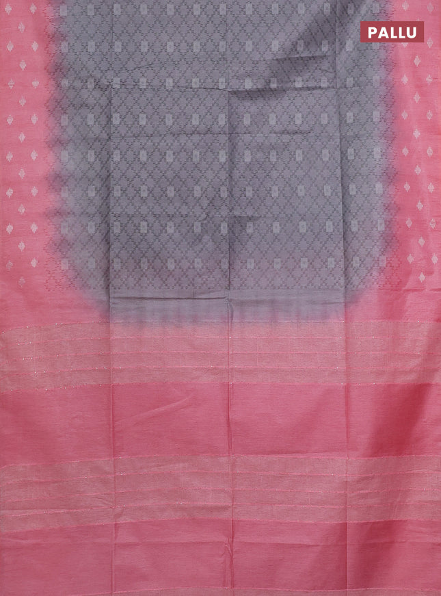 Semi bamboo saree grey and peach pink with allover thread weaves and sequin work pallu