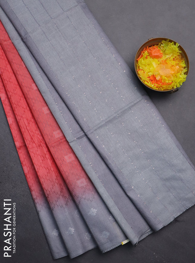 Semi bamboo saree red and grey with allover thread weaves and sequin work pallu