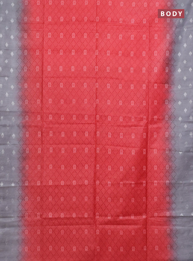 Semi bamboo saree red and grey with allover thread weaves and sequin work pallu
