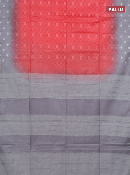 Semi bamboo saree red and grey with allover thread weaves and sequin work pallu