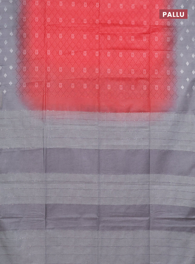 Semi bamboo saree red and grey with allover thread weaves and sequin work pallu