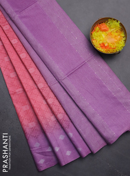 Semi bamboo saree peach pink and lavender with allover thread weaves and sequin work pallu