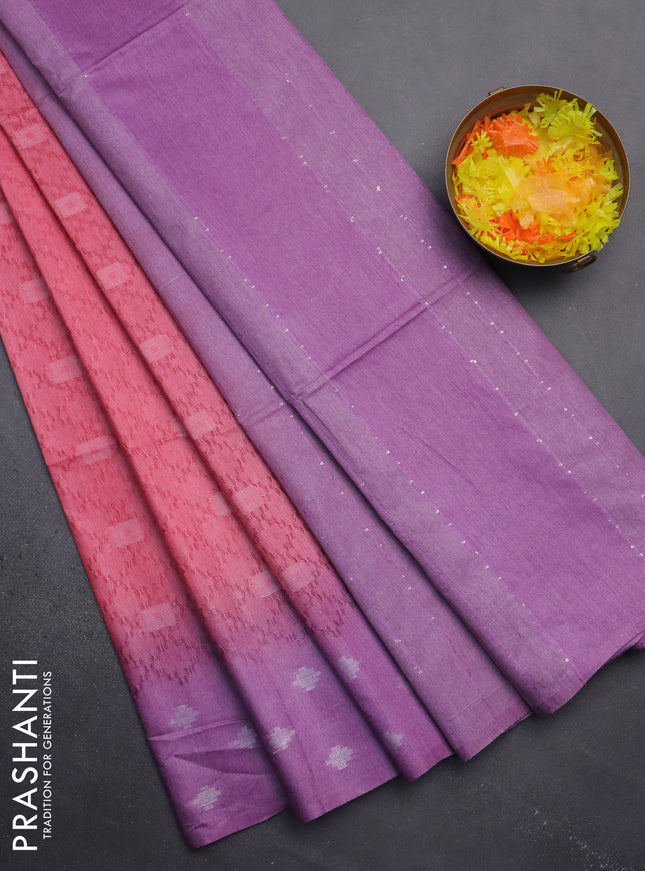 Semi bamboo saree peach pink and lavender with allover thread weaves and sequin work pallu