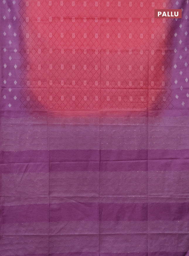 Semi bamboo saree peach pink and lavender with allover thread weaves and sequin work pallu