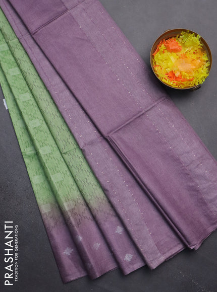 Semi bamboo saree pastel green and mild purple with allover thread weaves and sequin work pallu