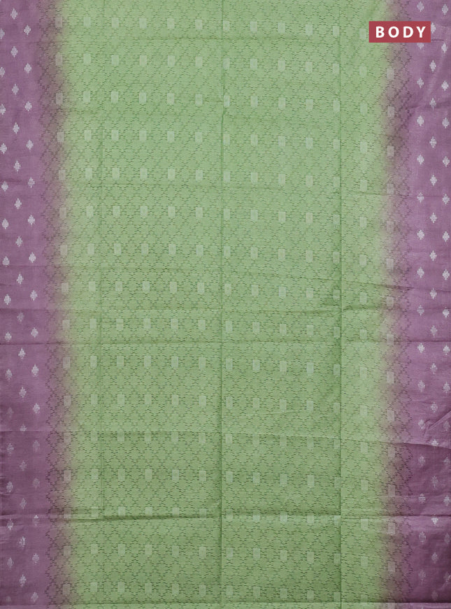 Semi bamboo saree pastel green and mild purple with allover thread weaves and sequin work pallu