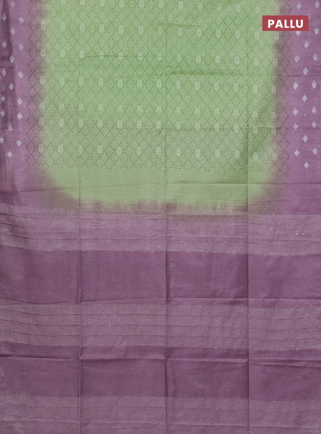 Semi bamboo saree pastel green and mild purple with allover thread weaves and sequin work pallu