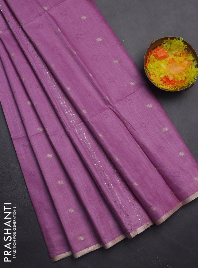 Semi bamboo saree lavender with thread & zari woven buttas and sequin work pallu