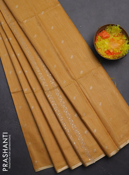 Semi bamboo saree yellow with thread & zari woven buttas and sequin work pallu