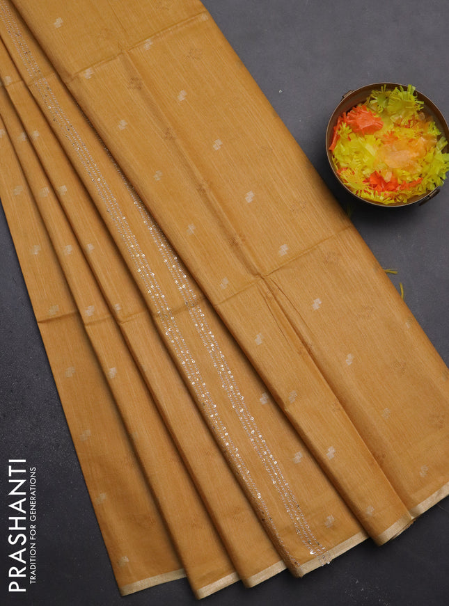 Semi bamboo saree yellow with thread & zari woven buttas and sequin work pallu