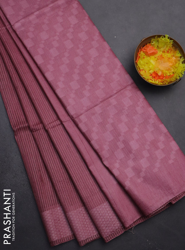 Semi bamboo saree pastel pink with allover stripes pattern and woven border