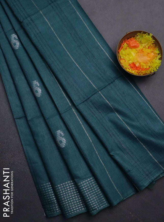 Semi bamboo saree peacock green with silver zari woven buttas and silver zari woven border