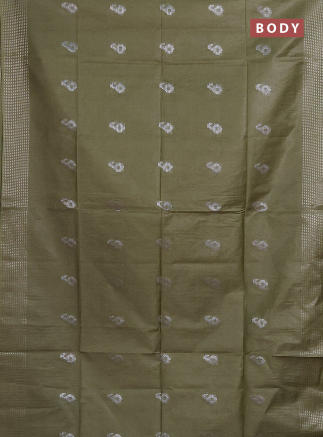 Semi bamboo saree green shade with silver zari woven buttas and silver zari woven border