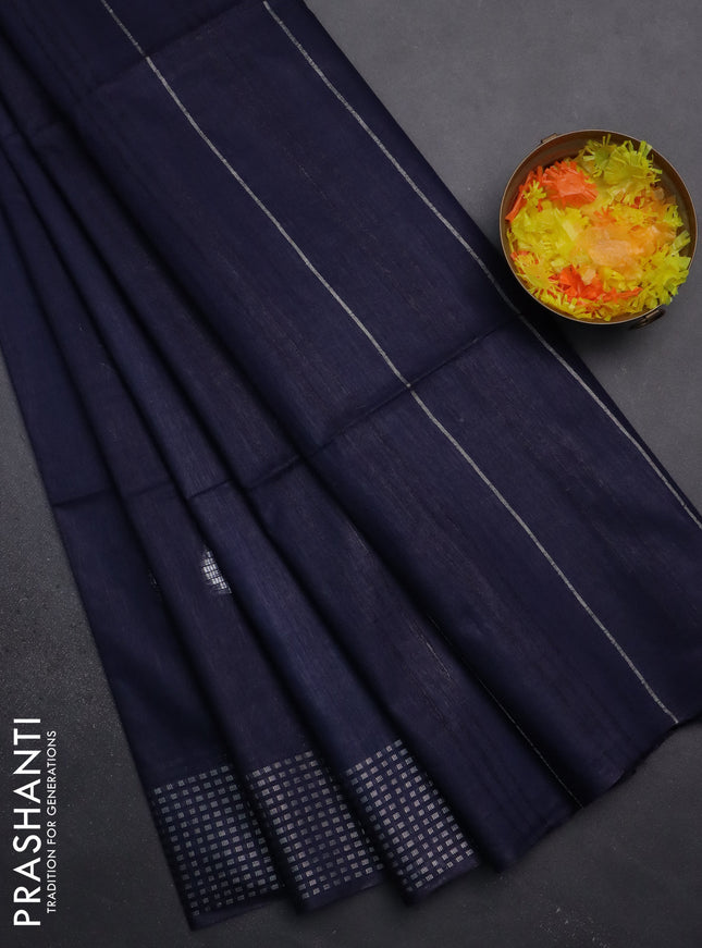 Semi bamboo saree navy blue with silver zari woven buttas and silver zari woven border