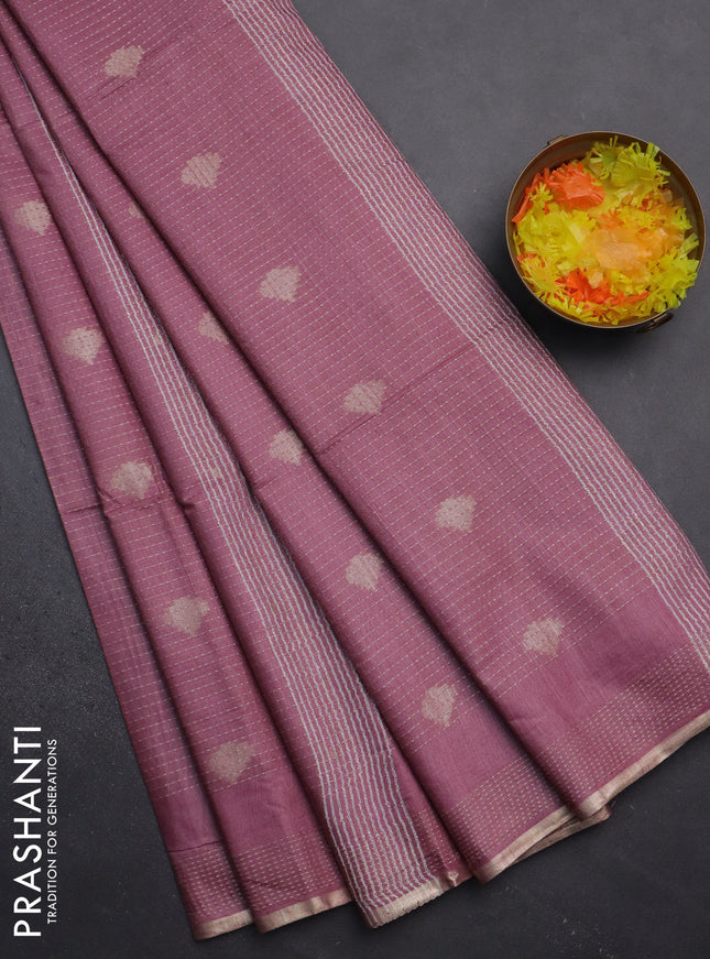 Semi bamboo saree mauve pink with allover thread weaves & zari buttas and zari woven piping border