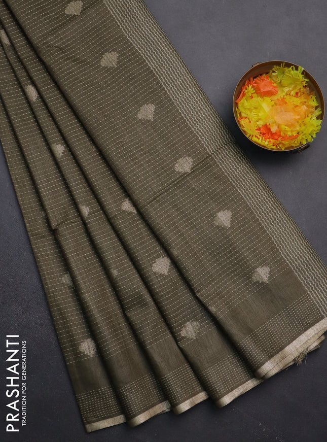 Semi bamboo saree military green with allover thread weaves & zari buttas and zari woven piping border