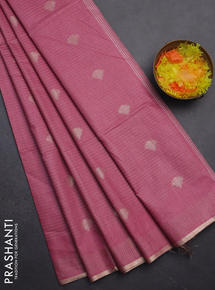Semi bamboo saree pink shade with allover thread weaves & zari buttas and zari woven piping border