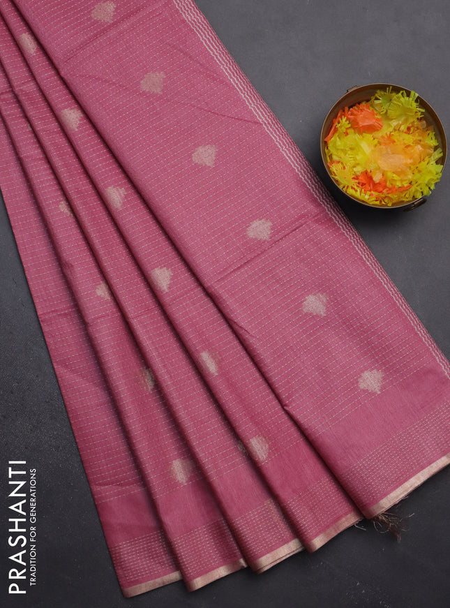 Semi bamboo saree pink shade with allover thread weaves & zari buttas and zari woven piping border