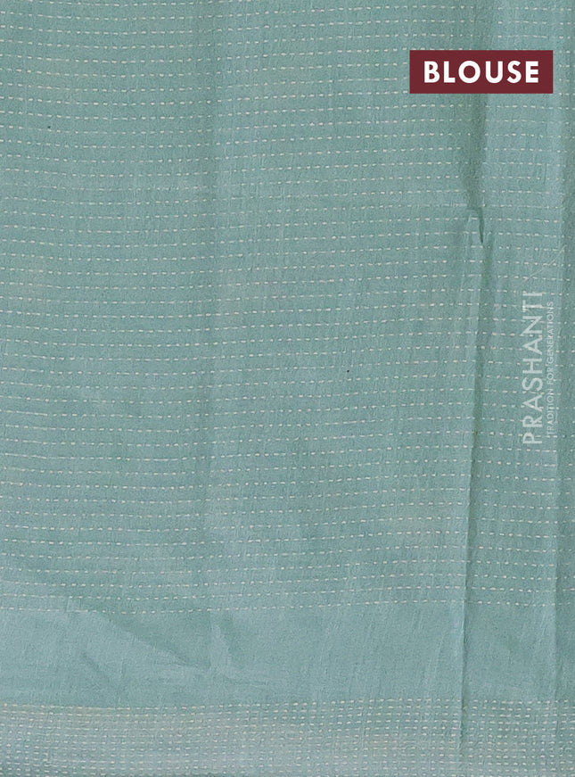 Semi bamboo saree pastel green with allover thread weaves & zari buttas and zari woven piping border