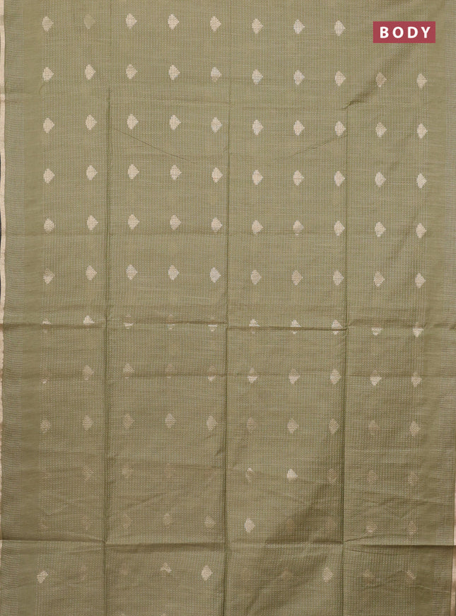 Semi bamboo saree pastel green with allover thread weaves & zari buttas and zari woven piping border