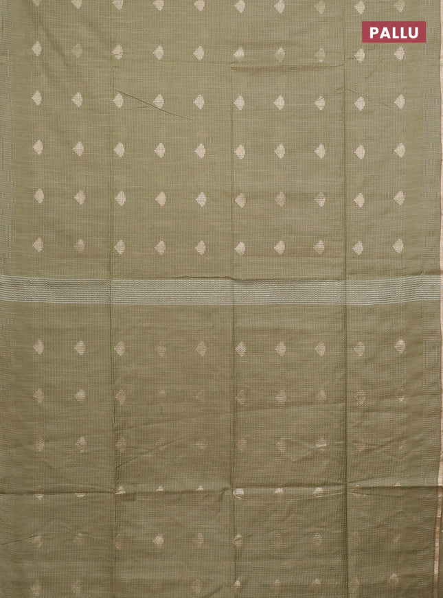 Semi bamboo saree pastel green with allover thread weaves & zari buttas and zari woven piping border