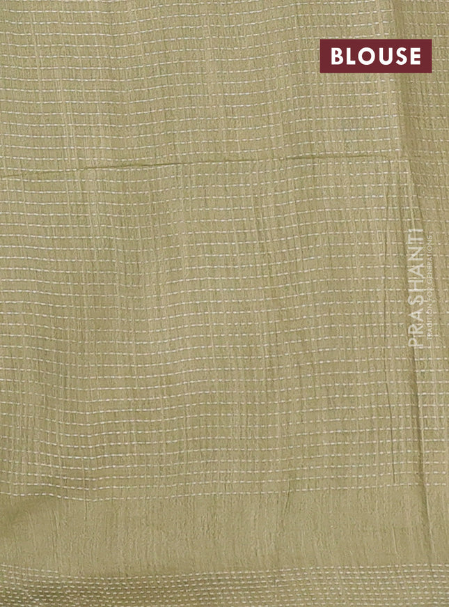 Semi bamboo saree pastel green with allover thread weaves & zari buttas and zari woven piping border
