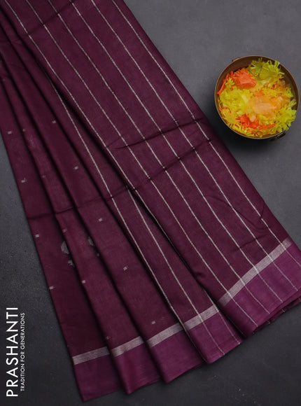 Semi bamboo saree purple with silver zari woven buttas and zari woven simple border