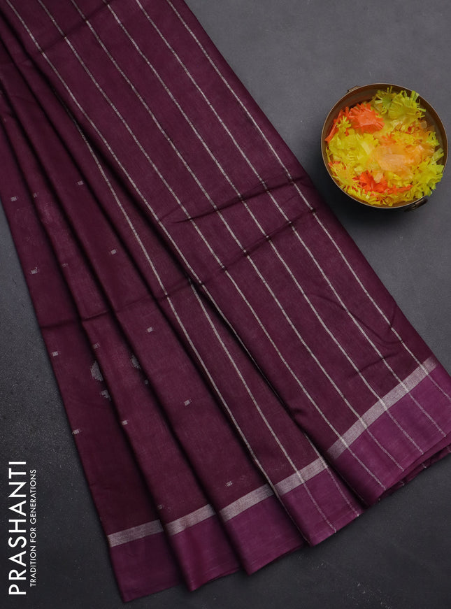 Semi bamboo saree purple with silver zari woven buttas and zari woven simple border