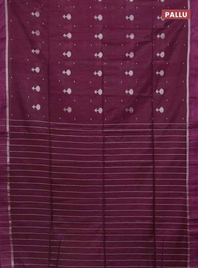 Semi bamboo saree purple with silver zari woven buttas and zari woven simple border