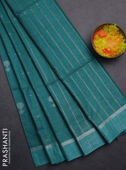 Semi bamboo saree teal green shade with silver zari woven buttas and zari woven simple border