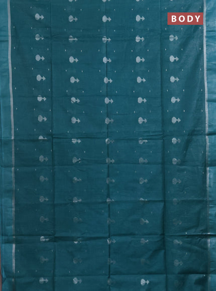 Semi bamboo saree teal green shade with silver zari woven buttas and zari woven simple border