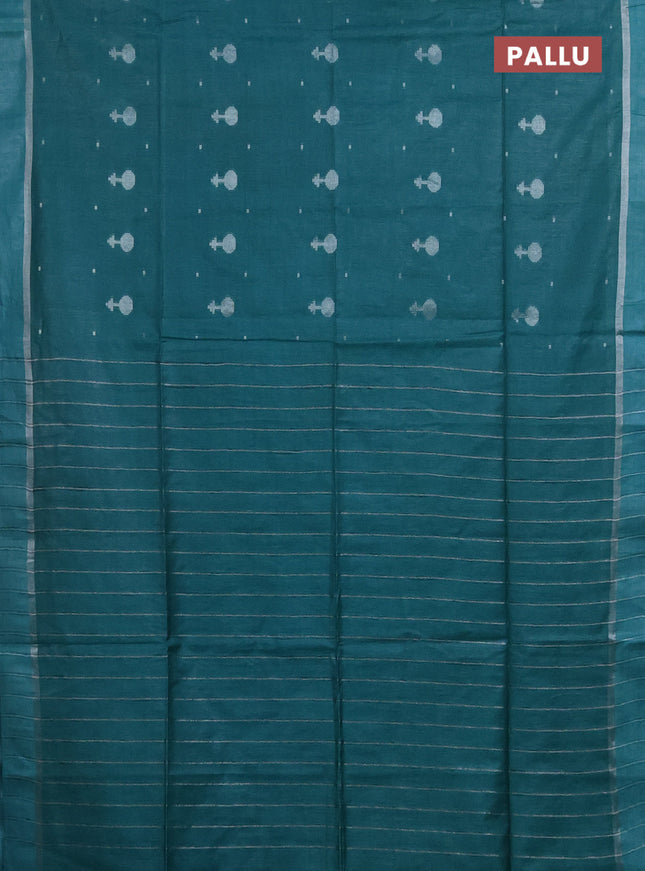 Semi bamboo saree teal green shade with silver zari woven buttas and zari woven simple border