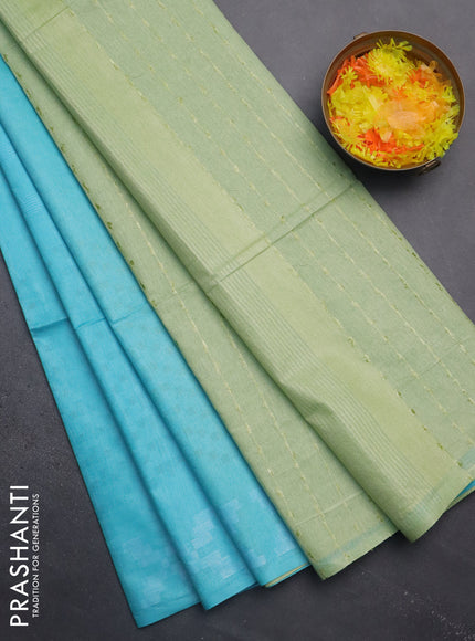 Semi bamboo saree light blue and pastel green with allover thread weaves and simple border