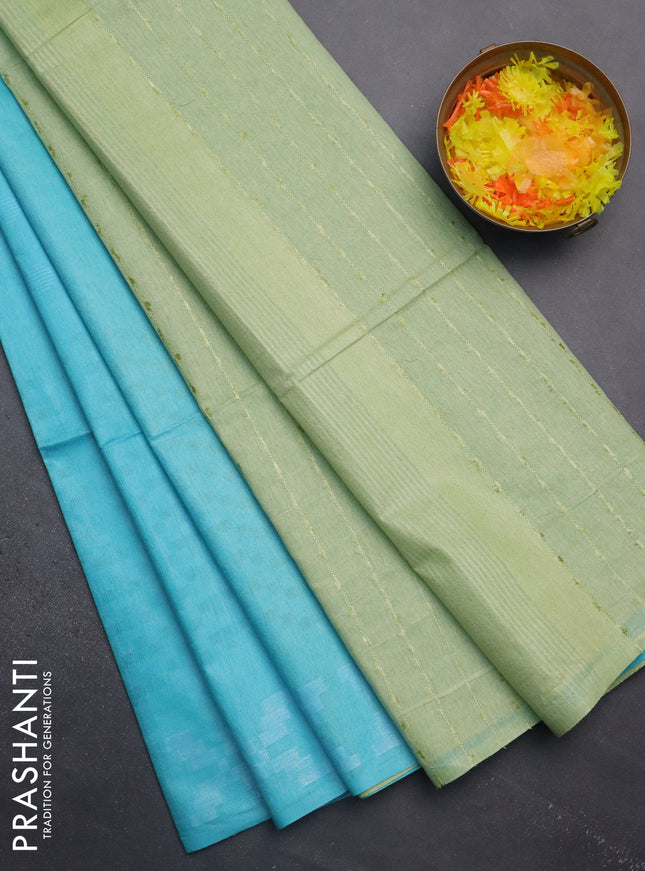 Semi bamboo saree light blue and pastel green with allover thread weaves and simple border