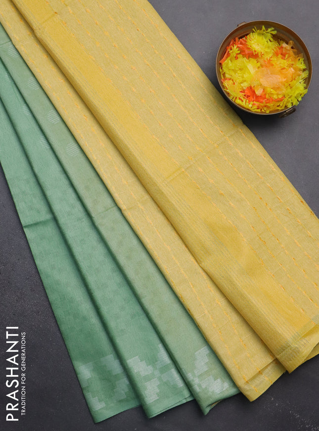 Semi bamboo saree pastel green and yellow with allover thread weaves and simple border