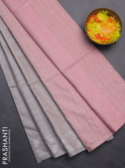 Semi bamboo saree pastel grey and peach pink with allover thread weaves and simple border