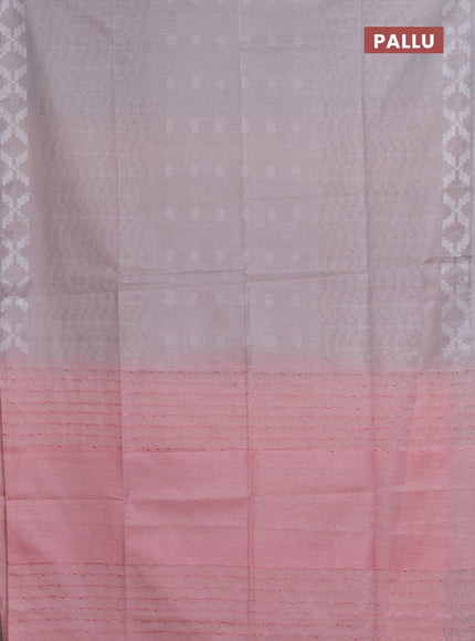 Semi bamboo saree pastel grey and peach pink with allover thread weaves and simple border
