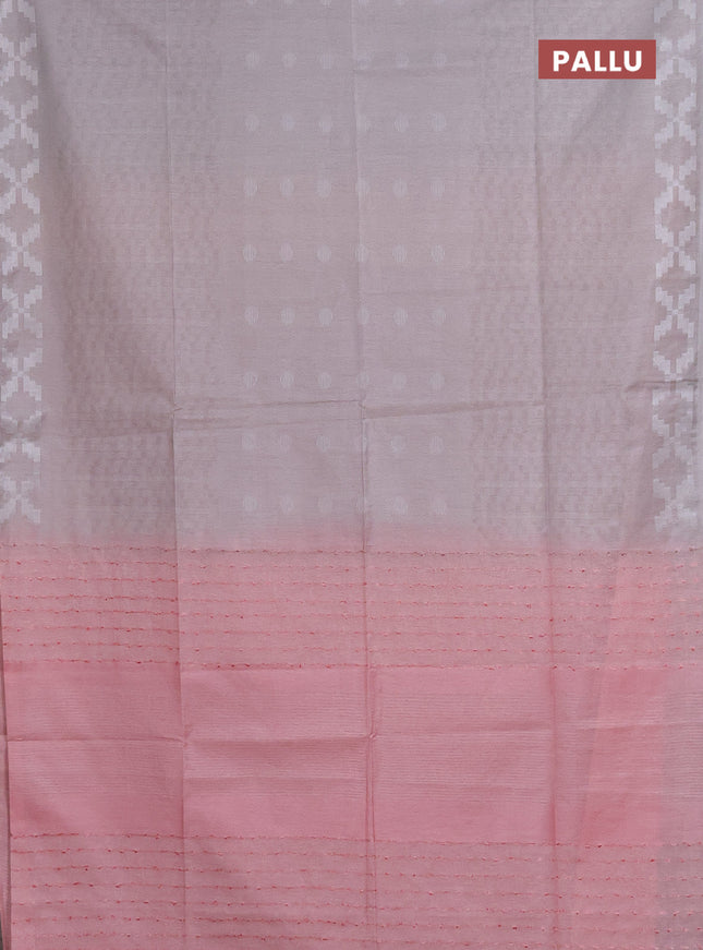 Semi bamboo saree pastel grey and peach pink with allover thread weaves and simple border