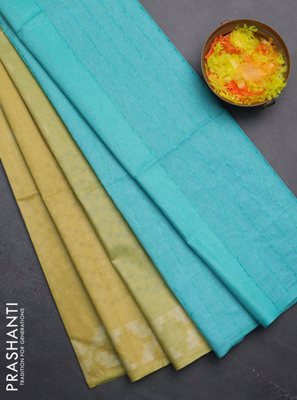 Semi bamboo saree yellow and teal blue with allover thread weaves and simple border