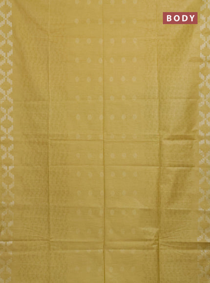 Semi bamboo saree yellow and teal blue with allover thread weaves and simple border