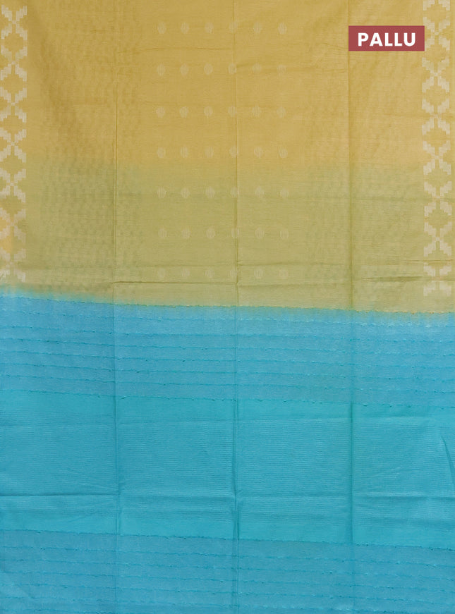 Semi bamboo saree yellow and teal blue with allover thread weaves and simple border