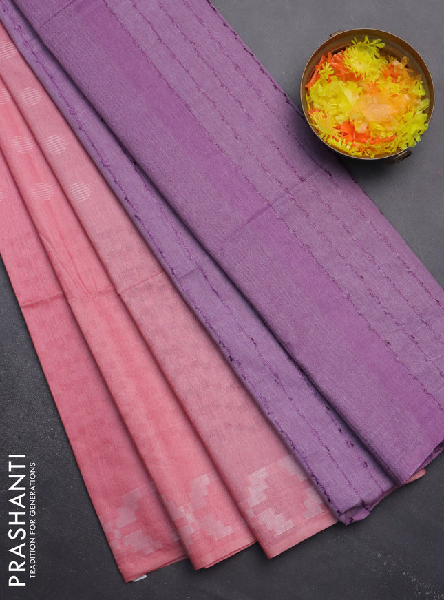 Semi bamboo saree peach pink and lavender with allover thread weaves and simple border